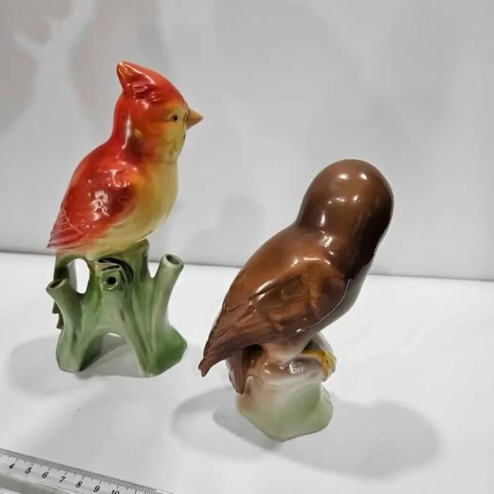 German Vintage Ceramic Cardinal and Owl Figurines